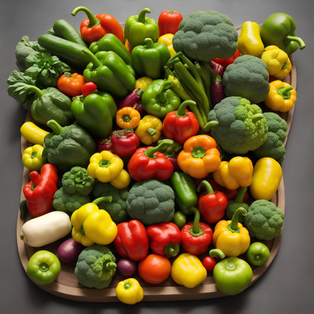 Variety of colorful fresh vegetables on grey background. Top view.の素材