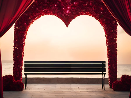 Valentine's Day background with wooden bench and red curtains.の素材