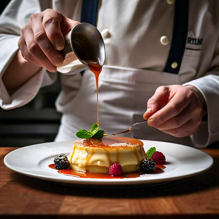Chef decorating dessert with caramel and fresh berries in a restaurantの素材