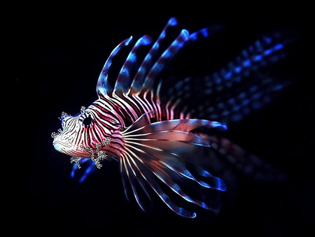 Red Lionfish (Pterois volitans) isolated on black backgroundの素材
