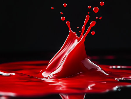 Falling drops of red paint. Splash effect after collision a falling drops with water Surfaceの素材