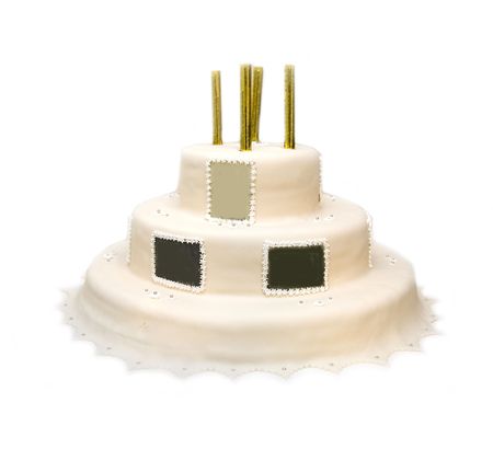 a white marcipan wedding cake over whiteの写真素材