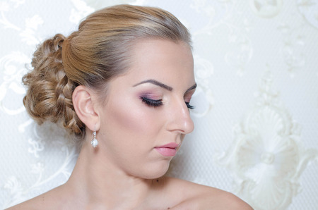 Close-up portrait of sexy caucasian young woman with beautiful skin  On pearl の写真素材