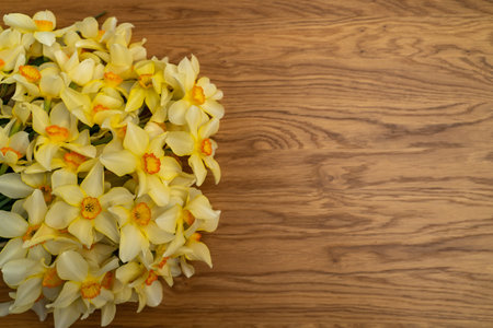 On the left is a large bouquet of yellow daffodils on an wooden background. Can be used as a card,...