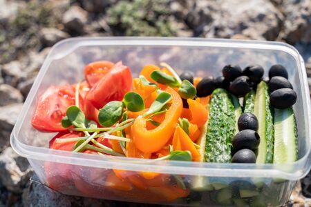 A tray of vegetables in nature, chopped tomatoes, cucumbers, orange bell peppers, sunflower microgreens. The concept of healthy, proper nutrition, a picnic in nature, relaxation with friendsの写真素材