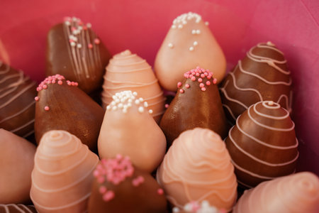 Luxury chic surprise gift for a girl, a bouquet of strawberries with chocolate in pink gift wrapping...