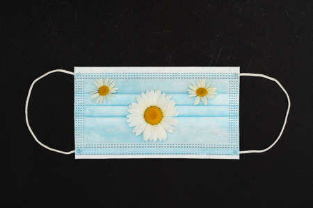 A disposable surgical blue mask on a black background decorated with three live daisies.の写真素材