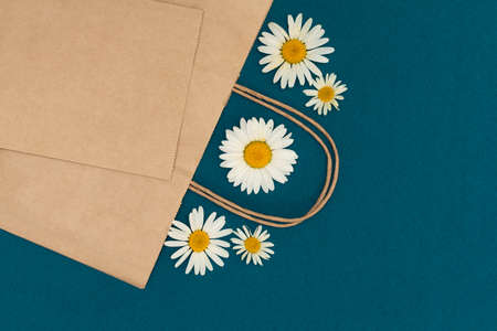 Paper bag on a blue background, decorated with daisies, brown shopping bag. Craft bag with handle. Packaging template mockup. Delivery service concept. Copy spaceの写真素材