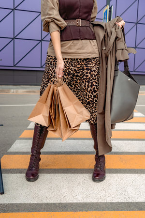 A beautiful girl with shopping bags is walking along a pedestrian crosswalk. Consumerism, shopping, shopping, lifestyle conceptの写真素材