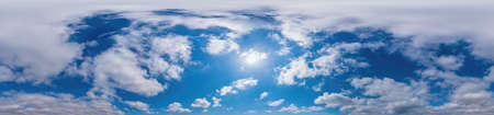 Blue sky panorama with Cirrus clouds in Seamless spherical equirectangular format. Full zenith for use in 3D graphics, game and editing aerial drone 360 degree panoramas for sky replacement.の写真素材