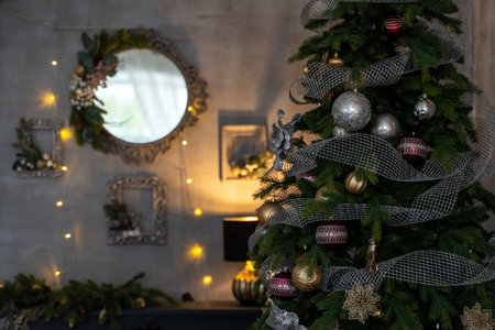 Merry Christmas and Happy Holidays. A beautiful living room decorated for Christmas.の写真素材