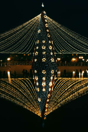 Long exposure night shot of a uniquely decorated main Christmas tree in the square after rain with reflection.の写真素材