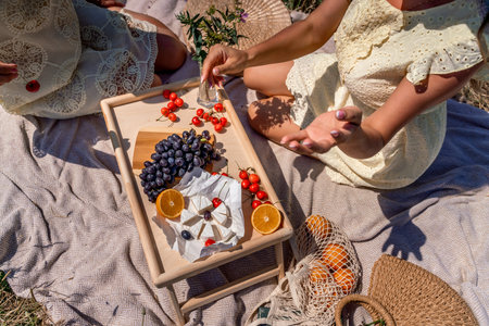 Romantic picnic for two with fruit, bread and cheese. Oranges, cherries, black grapes and camembert...