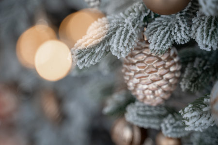 Close-up of a festively decorated outdoor Christmas tree with balls on a blurred sparkling fairy background. Defocused garland lights, bokeh effect.の写真素材
