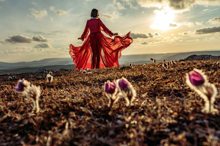 Rise of the mystic. sunset over the clouds with a girl in a long red dress. There is a dream grass in the meadow with purple flowers.の写真素材