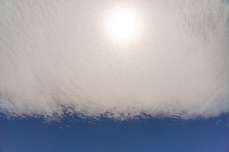 Fluffy clouds in the blue sky, they are arranged in a flat strip. The sun shines through them.