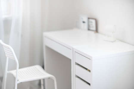 White desktop for remote work or study. Workplace in home interiorの写真素材