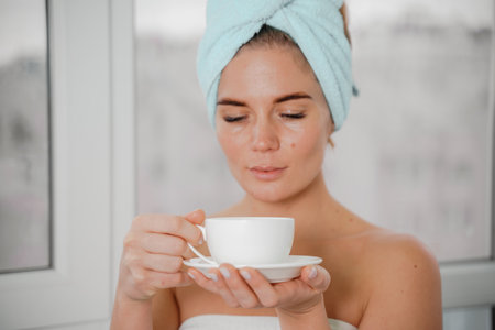 Young serene relaxed woman in spa bath towel drinking hot beverage tea coffee after taking shower bath at home. Beauty treatment, hydration concept.の写真素材