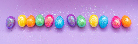 Multi-colored Easter eggs on a purple background. Holiday concept with copy space.