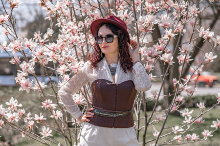 Magnolia park woman. Stylish woman in a hat stands near the magnolia bush in the park. Dressed in...