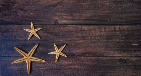Sea stars. Summer nautical background - stars on wooden backgroundの写真素材