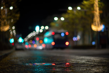 Blurred footage of transport. Blur of city lights along the road, light out of focus at night. Night...