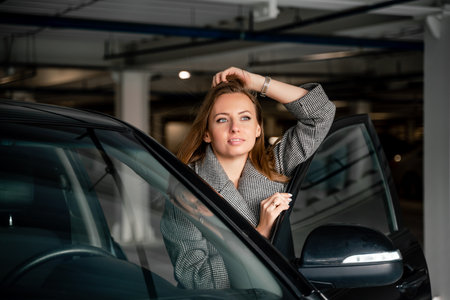 Happy woman stands next to the car in the underground parking. Dressed in a gray coat is a black car.の写真素材