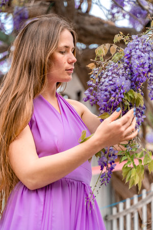 Woman wisteria purple dress. Thoughtful happy mature woman in purple dress surrounded by chinese wisteriaの写真素材