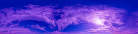 Blue magenta sky panorama with Cirrus clouds in Seamless spherical equirectangular format. Full zenith for use in 3D graphics, game and editing aerial drone 360 degree panoramas for sky replacement.の写真素材