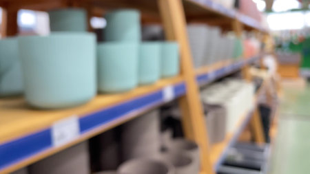 Close-up of empty flower pots in a store or greenhouse. Colorful pots for plants. Gardening and landscape design conceptの写真素材