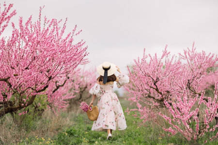 Woman blooming peach orchard. Against the backdrop of a picturesque peach orchard, a woman in a long dress and hat enjoys a peaceful walk in the park, surrounded by the beauty of nature.の写真素材