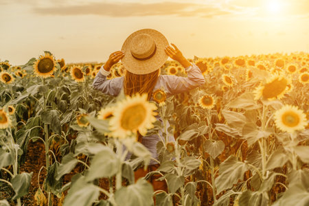 Woman sunflower field. Happy girl in blue dress and straw hat posing in a vast field of sunflowers at sunset. Summer time.の写真素材