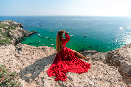 Woman red dress sea. Happy woman in a red dress and white bikini sitting on a rocky outcrop, gazing out at the sea with boats and yachts in the background.の写真素材