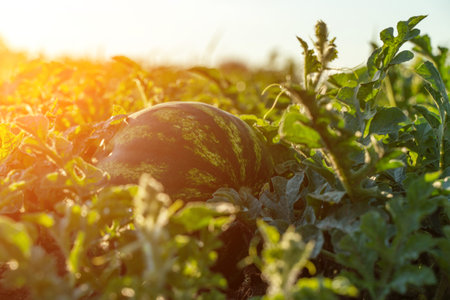 Watermelon grows on a green watermelon plantation in summer. Agricultural watermelon field.の写真素材