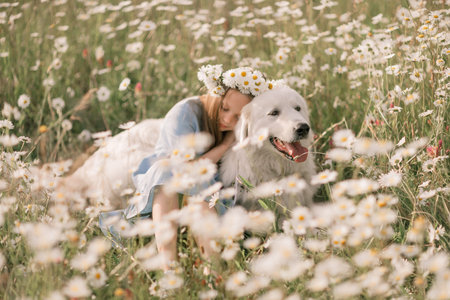 Girl dog meadow chamomile. Child girl embraces her furry friend in a serene chamomile field, surrounded by lush greenery. A heartwarming display of love and companionship between a girl and her dog.の写真素材