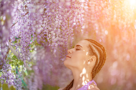 Woman wisteria lilac dress. Thoughtful happy mature woman in purple dress surrounded by chinese wisteriaの写真素材