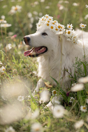 Daisies white dog Maremma Sheepdog in a wreath of daisies sits on a green lawn with wild flowers daisies, walks a pet. Cute photo with a dog in a wreath of daisies.の写真素材