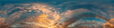 Sunset sky panorama with bright glowing pink Cirrus clouds. HDR 360 seamless spherical panorama....