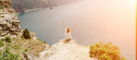 Woman travel summer sea. Portrait of a happy woman on a background of beautiful sea. Rear view of a...