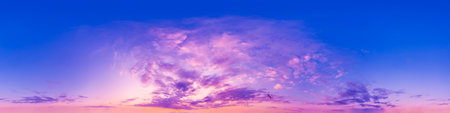 Blue sky panorama with magenta Cirrus clouds in Seamless spherical equirectangular format. Climate and weather change.の写真素材
