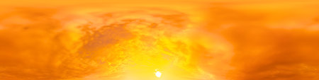Sunset sky panorama with bright glowing pink Cumulus clouds. HDR 360 seamless spherical panorama....