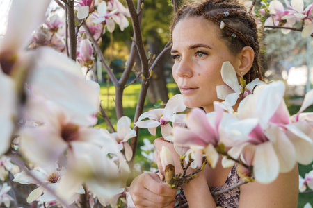 Magnolia flowers. Happy woman enjoys by blooming magnolia tree and sniffs it flowers with closed...