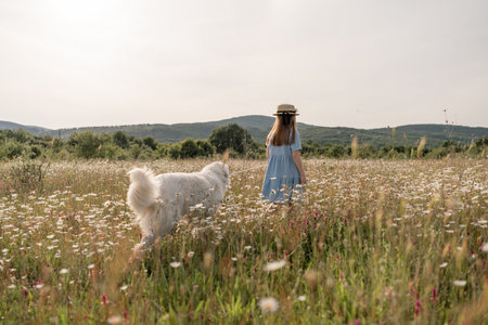 Girl dog meadow chamomile. Child girl embraces her furry friend Maremma Sheepdog in a serene...
