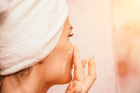 Young beautiful woman using face cream moisturizing lotion after bath. Pretty attractive girl in a towel on her head stands in front of a mirror in a home bathroom. Daily hygiene and skin careの写真素材