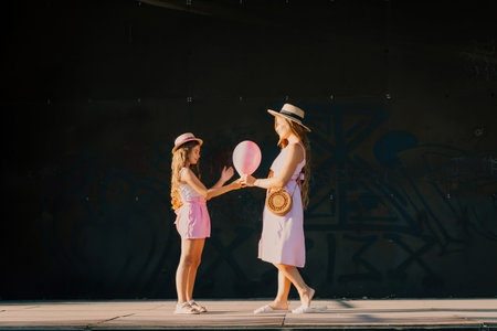 mother and daughter stand in pink dresses with flowing long hair on a black background. Enjoy...