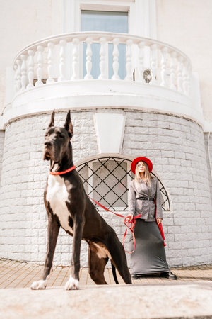 A photo of a woman and her Great Dane walking through a town, taking in the sights and sounds of the...