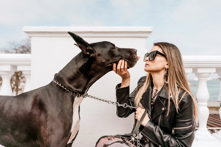 A woman walks with her Great Dane in an urban setting, enjoying the outdoors and the company of her...