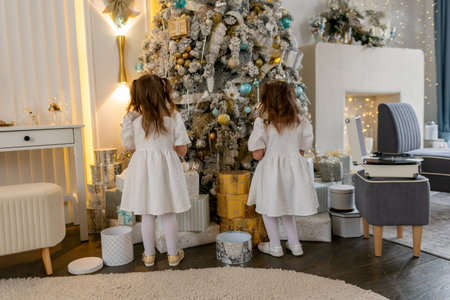 Two twin sisters in a white dress decorate the Christmas tree with their own hands, Christmas holidays at home.の写真素材