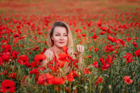 Happy woman in a red dress in a beautiful large poppy field. Blond sits in a red dress, posing on a large field of red poppiesの写真素材