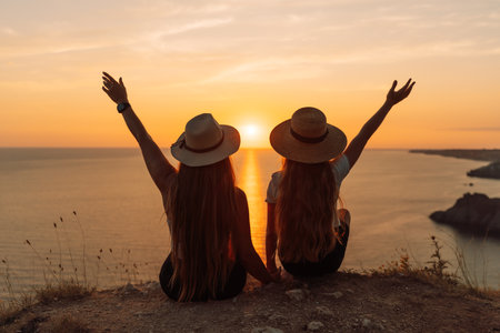 Mother daughter sunset. Back view of mother and daughter looking at sunset. Couple sitting back on a beach with their hands raised, watching and enjoy the sunset.の写真素材